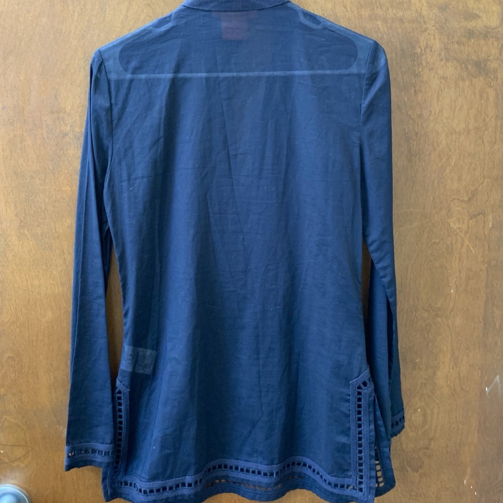 EUC Sz4 Tory Burch Navy Tunic Geometric Embroidery 100% Cotton Sheer Spring Luxe - Picture 7 of 11